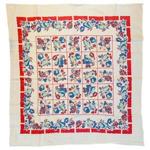 Vintage Tablecloth 1950s Printed Fruit Floral Pears Plums Grapes 46" x 49" READ